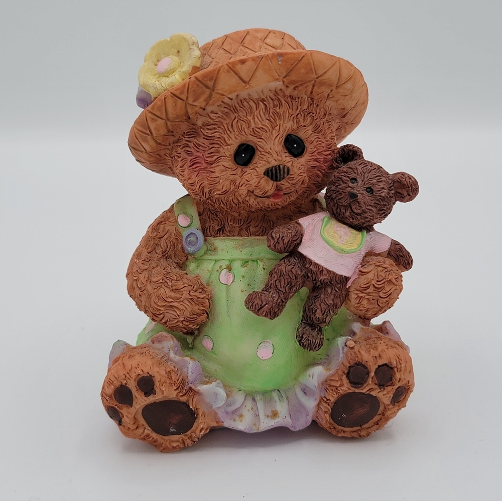 Teddy Bear Girl Coin Piggy Bank Straw Hat Dress Plush Bear Toy Resin Figure Vtg